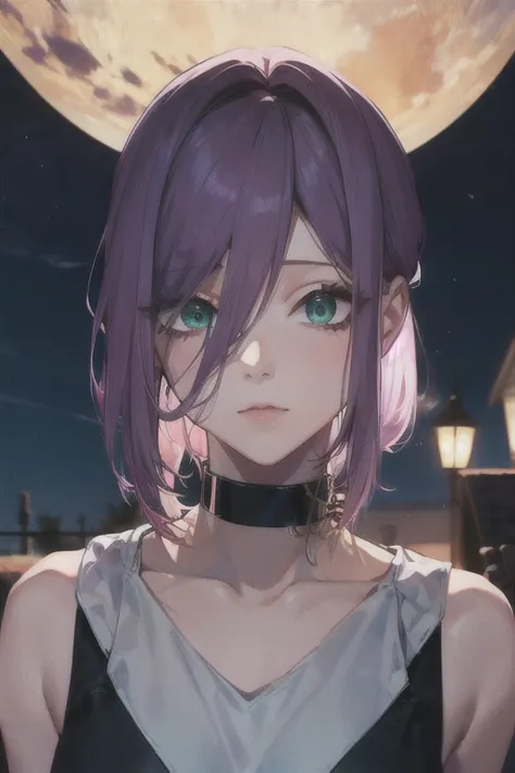 (highest quality)、(highest quality)、cut、chainsaw man、cute、(choker).eyes are emerald、her hair is purple、short bob、beautiful night...