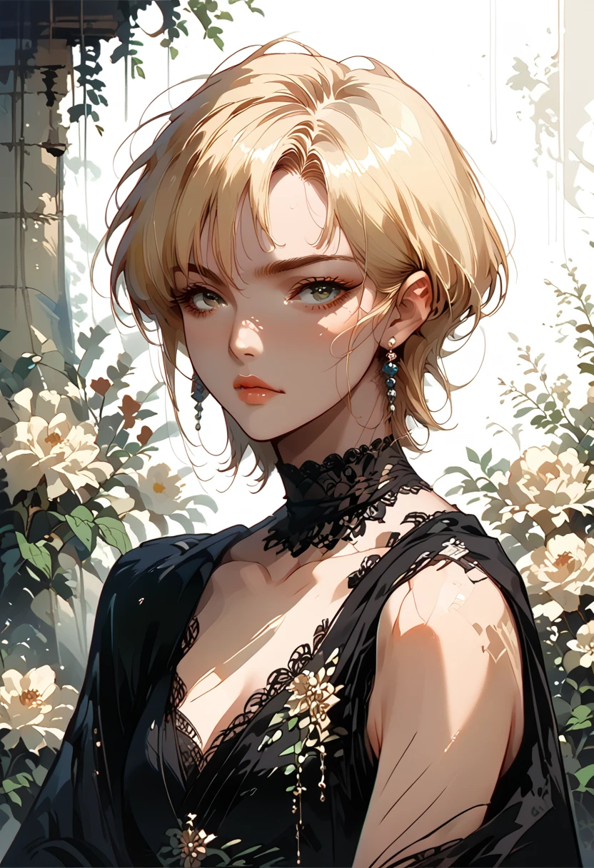 1 girl,beautiful, masterpiece, best quality, white background,Kazuya Takahashi, concept art, blonde,short hair