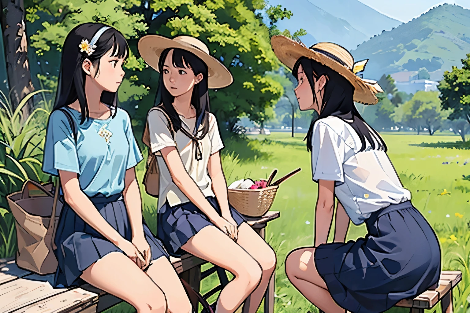 masterpiece, Highest quality,plural, Three Girls, Playing with a bike、Insect removal、Insect removal編み、Sandals, Black Hair, short hair、Long Hair, Hair ties, hair band, hair ornaments, Straw hat、Shorts, skirt、dappled daylight、Outdoor, nature, wood々、 Grassland、