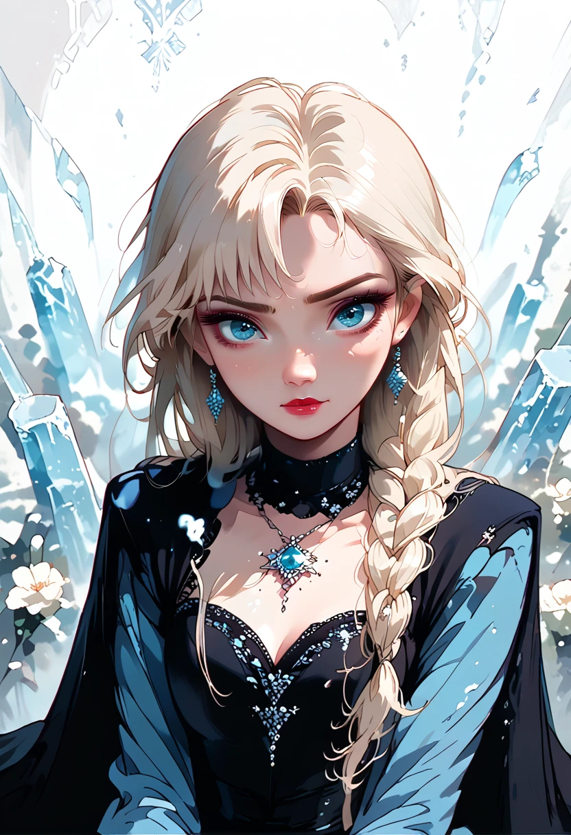 (best quality, masterpiece), 1girl, upper body, looking at the viewer, frozen, Elsa, white background