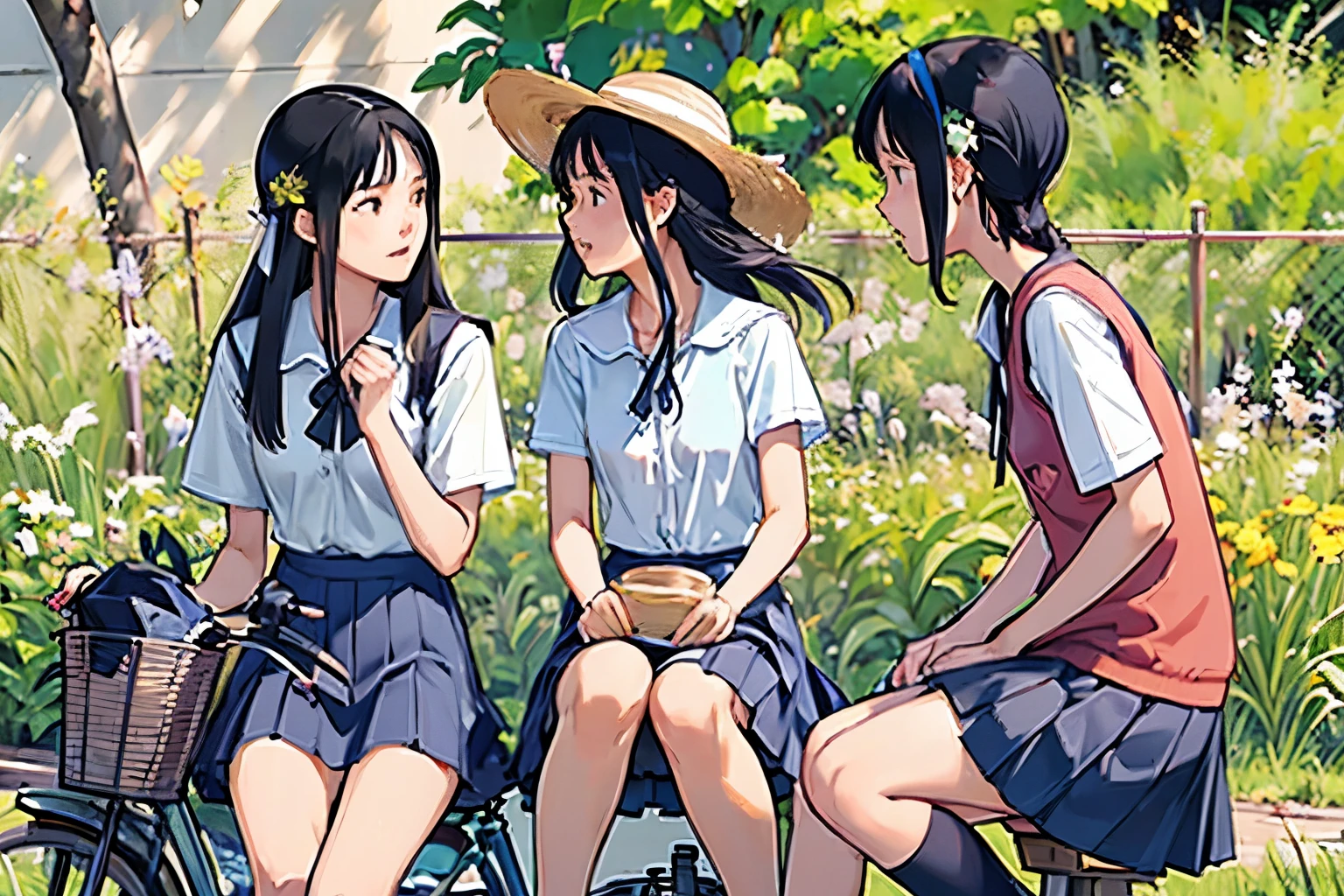 masterpiece, Highest quality,plural, Three Girls, (Playing with a bike)、Insect removal、Insect removal編み、Sandals, Black Hair, short hair、Long Hair, Hair ties, hair band, hair ornaments, Straw hat、Shorts, skirt、dappled daylight、Outdoor, nature, wood々、 Grassland、