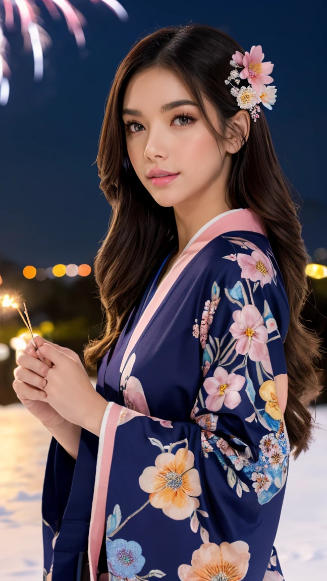 (((best quality,masterpiece))),
1girl, (beautiful detailed face, beautiful detailed eyes), (a beautiful girl,(flower pattern) kimono),(anime style),(Snow cover,night_sky ,fireworks,Matsuri, nature view),EpicSky,cloud,brown hair,brown eyes 