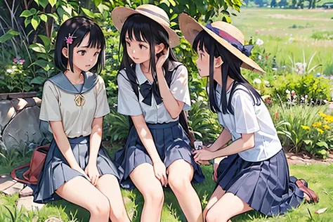 masterpiece, highest quality,plural, three girls, (playing with a bike)、insect removal、insect removal編み、sandals, black hair, sho...