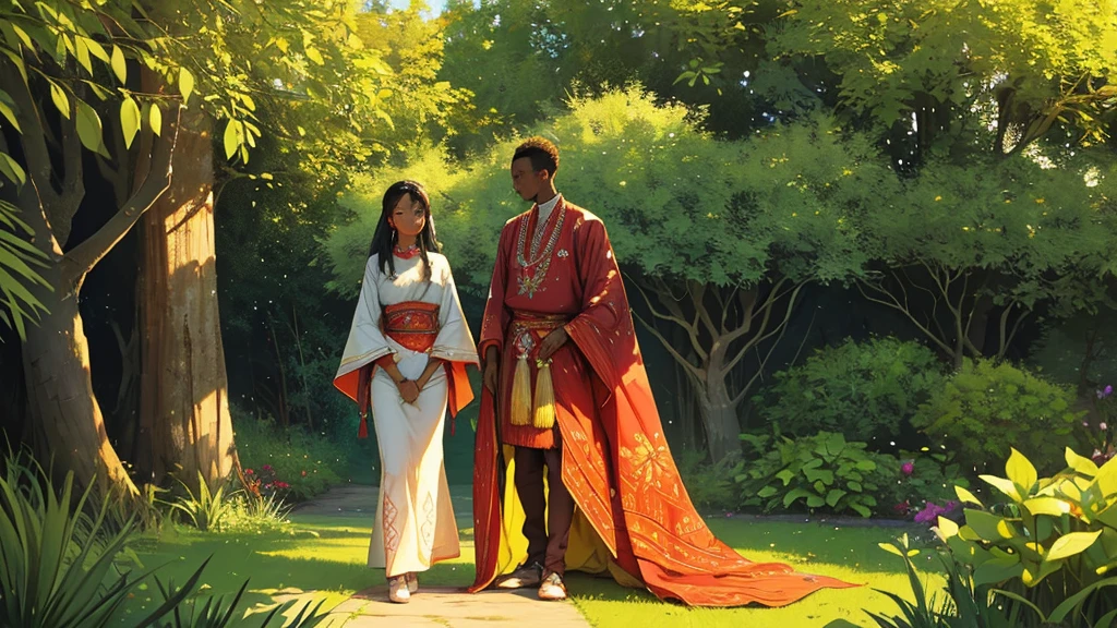 In the lush green Maasai garden, Davido and Chioma stand amidst the vibrant foliage, their attire a striking blend of traditional Maasai clothing. The rich colors and intricate beadwork of their garments pop against the verdant backdrop. The image, perhaps a photograph, captures the couple's regal presence in this cinematic setting. The sunlight filters through the trees, casting a warm glow on their features, highlighting their undeniable grace and elegance. This high-quality, visually captivating image beautifully conveys a sense of cultural richness and natural beauty, drawing viewers into an enchanting world of love and tradition.