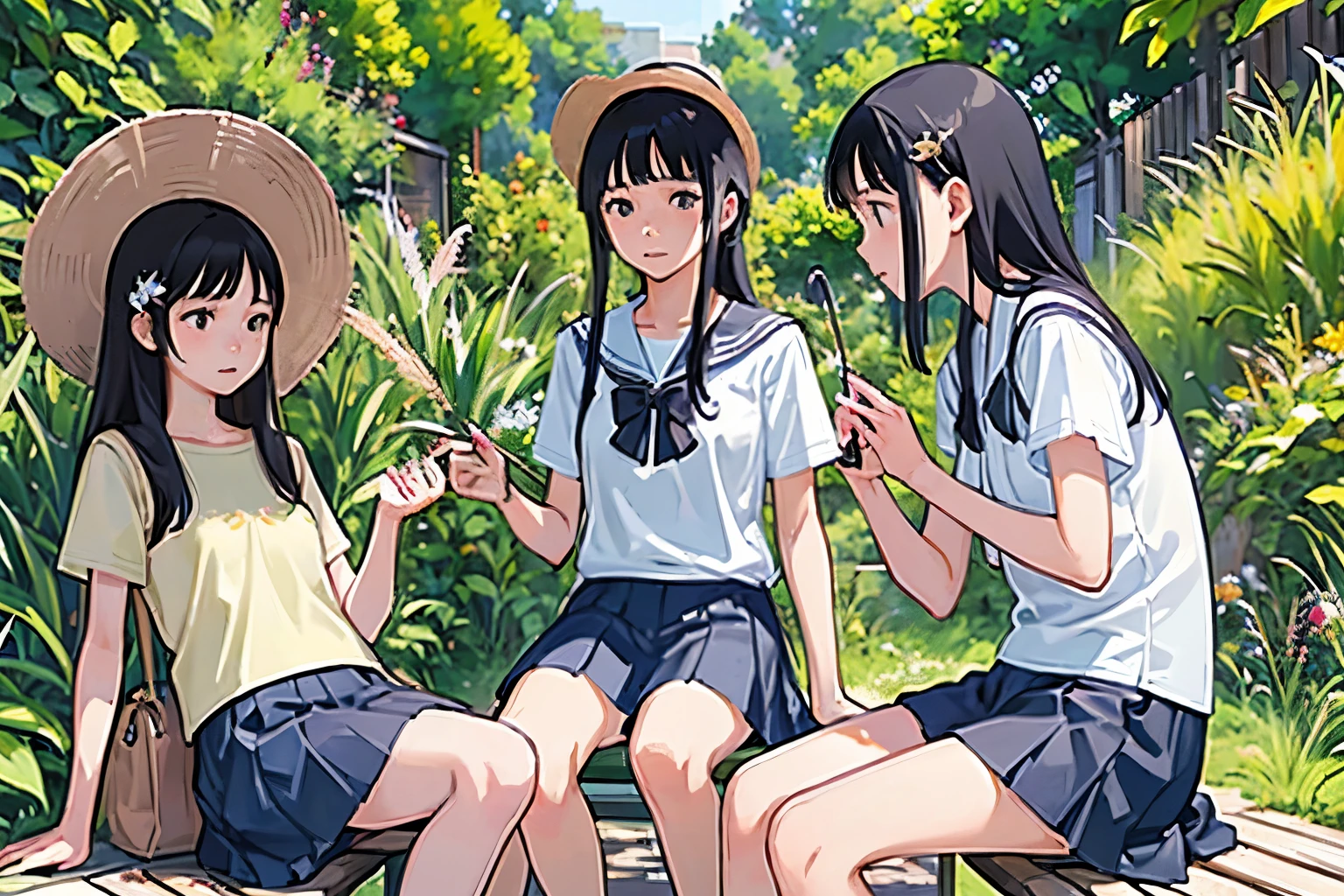 masterpiece, Highest quality,plural, Three Girls, (Playing with a bike)、Insect removal、Insect removal編み、Sandals, Black Hair, short hair、Long Hair, Hair ties, hair band, hair ornaments, Straw hat、Shorts, skirt、dappled daylight、Outdoor, nature, wood々、 Grassland、