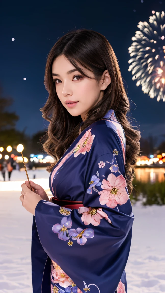 (((best quality,masterpiece))),
1girl, (beautiful detailed face, beautiful detailed eyes), (a beautiful girl,(flower pattern) kimono),(anime style),(Snow cover,night_sky ,fireworks,Matsuri, nature view),EpicSky,cloud,brown hair,brown eyes 