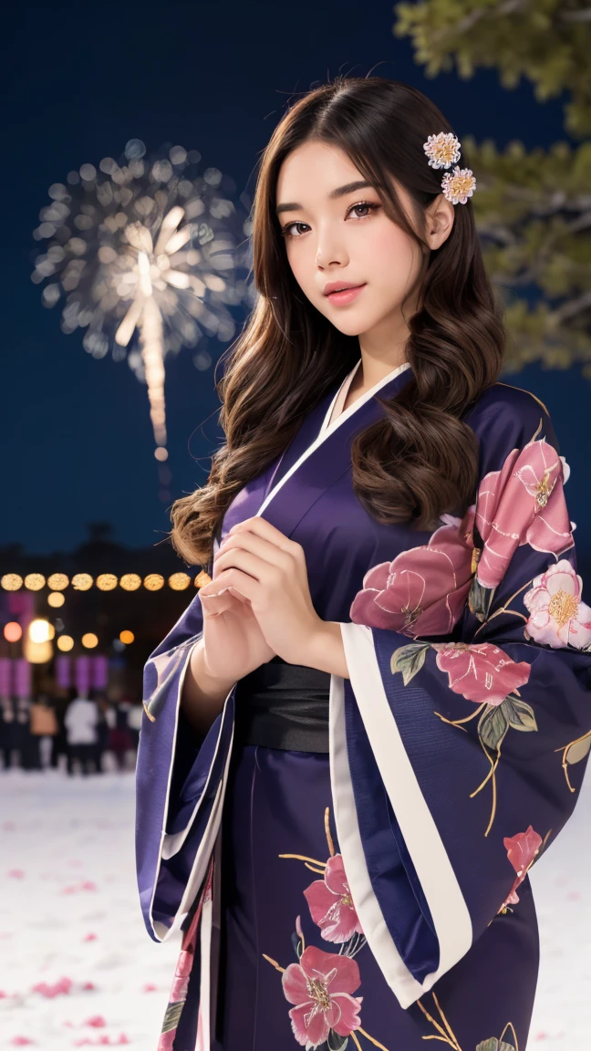 (((best quality,masterpiece))),
1girl, (beautiful detailed face, beautiful detailed eyes), (a beautiful girl,(flower pattern) kimono),(anime style),(Snow cover,night_sky ,fireworks,Matsuri, nature view),EpicSky,cloud,brown hair,brown eyes 