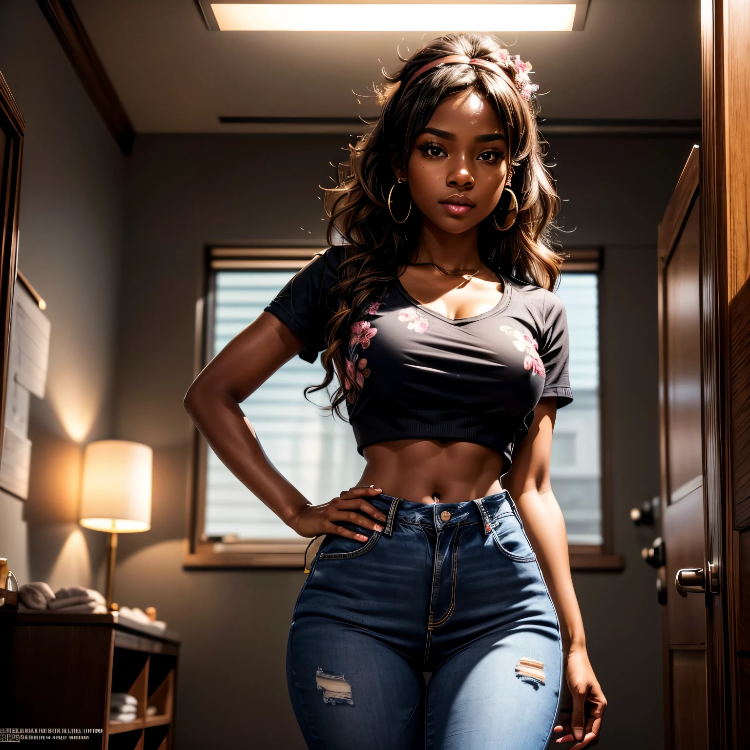  in bathroom, taking selfie, Masterpiece, high quality, 1, high resolution, volumetric lighting, subsurface scattering, 8k, Beautiful woman, (dark skin), phillipino, college student, uniform, (floral top, jeans), cleavage, wavy hair, headband, hoope earings, classroom, sexy pose, seductive pose, ((slim thick body:1.2)), thick thighs, round-butt, open mouth, big lips, Masterpiece, Professional lighting, 16k, 8k wallpaper, raw photo, photorealistic:1.8, ultra detailed, natural lighting