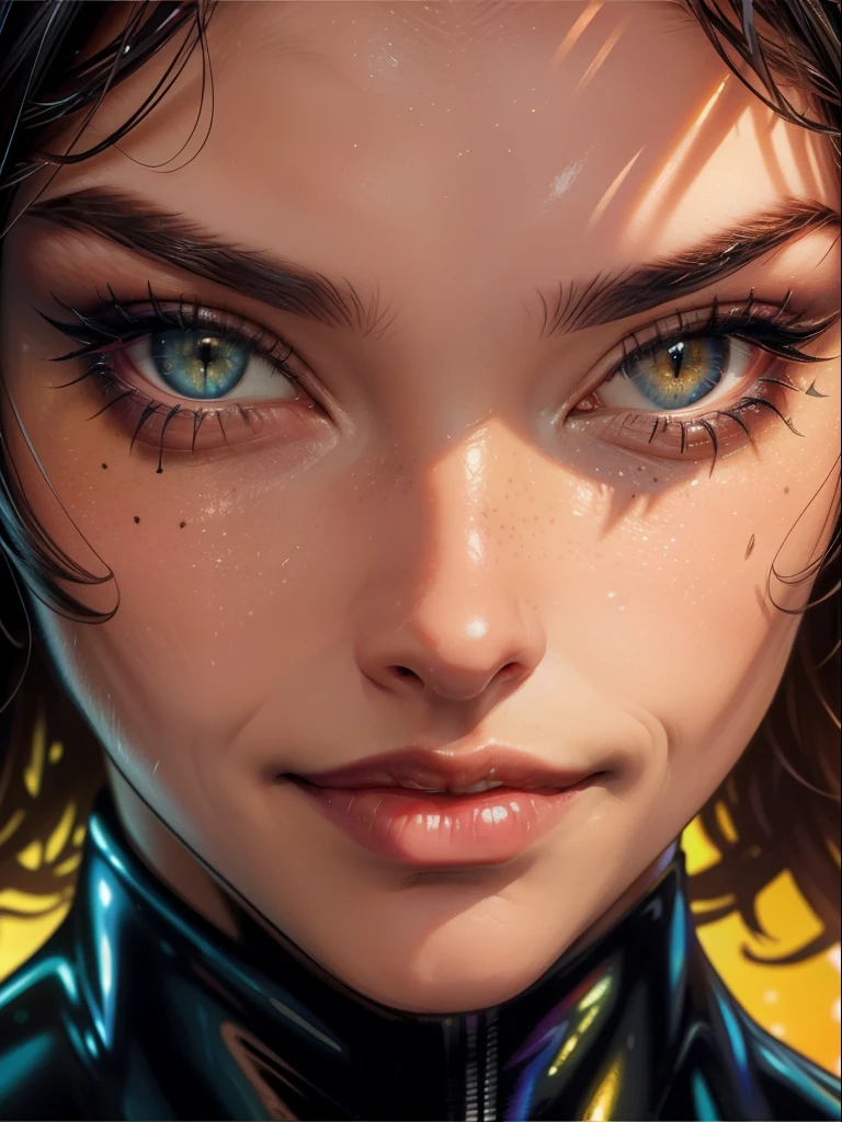 ((Close-up face)). Catwoman from DC Comics, Masterpiece, Best quality, Realistic, detailed, detailed face, intricate, vivid colors. abstracted, Psychedelic, neonlight, (honeycomb pattern), (Creative:1.3), Sy3, SMM, Fantasy00d