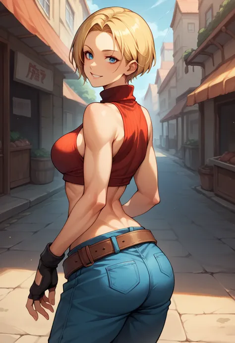 score_9, score_8_up, score_7_up, break, score_9, bmarydg, blonde hair, short hair, smile, sleeveless turtleneck, sleeveless, bag...