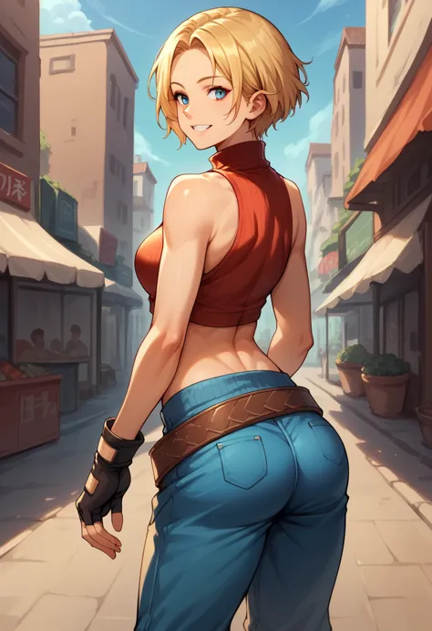 score_9, score_8_up, score_7_up, break, score_9, bmarydg, blonde hair, short hair, smile, sleeveless turtleneck, sleeveless, bag...