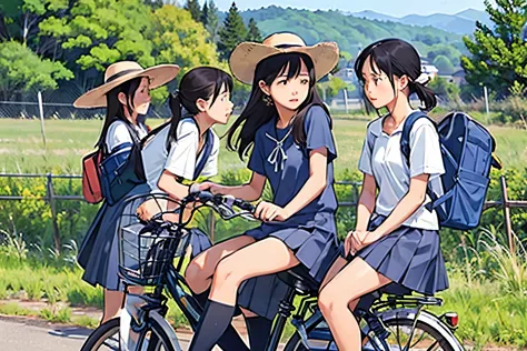 masterpiece, highest quality,plural, three girls, (playing with a bike)、insect removal、insect removal編み、sandals, black hair, sho...