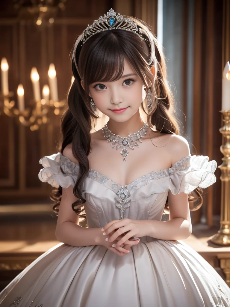 Dramatic composition, Court-style dress, Royal, nice, カスケードFrills, Frills, bow, Crystal Chandelier, Roman Curly Hairstyles, to place, Drill-like double ponytail, Looking at the camera, bangs, Maximalism, Palace-like background, Delicate depiction of hair and eyes, Princess Dress, nice skirts, Flowers in hands, smile, Starry Eyes, Cinematic Light, Extremely detailed, High resolution, happy, Very long hair, diamond, broken diamond, Crystal Fragment, Particles of light