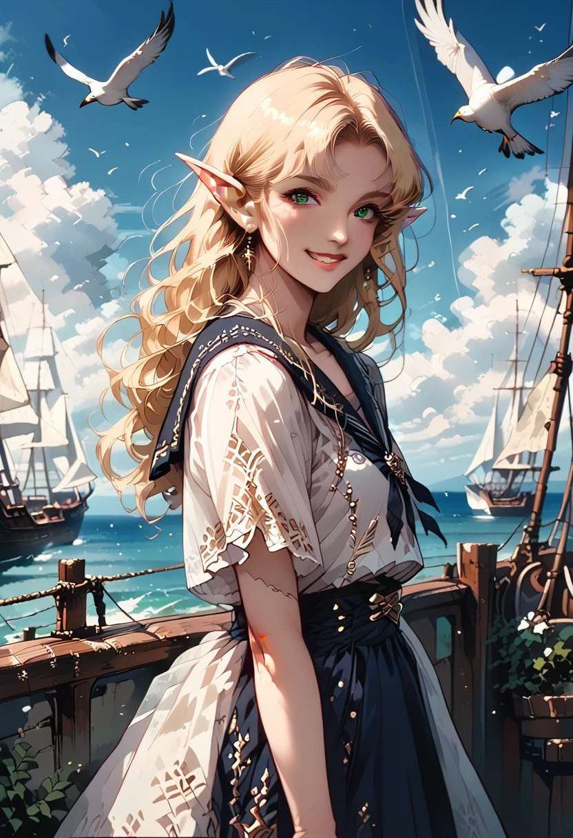 (((Masterpiece, highest quality, high definition, high detail)))), ((((Fantasy))), one, (Elf woman)))), (short skirt of white with gold embroidery), (blonde long straight hair), (glossy dark green eyes), (white ruffled blouse embroidered with gold), big, (((on the deck of a sailing ship at sea)), (vast sea))), (The firmament with clouds visible)), (( Seagulls flying in the sky)), smile, (breeze), particles of light flying