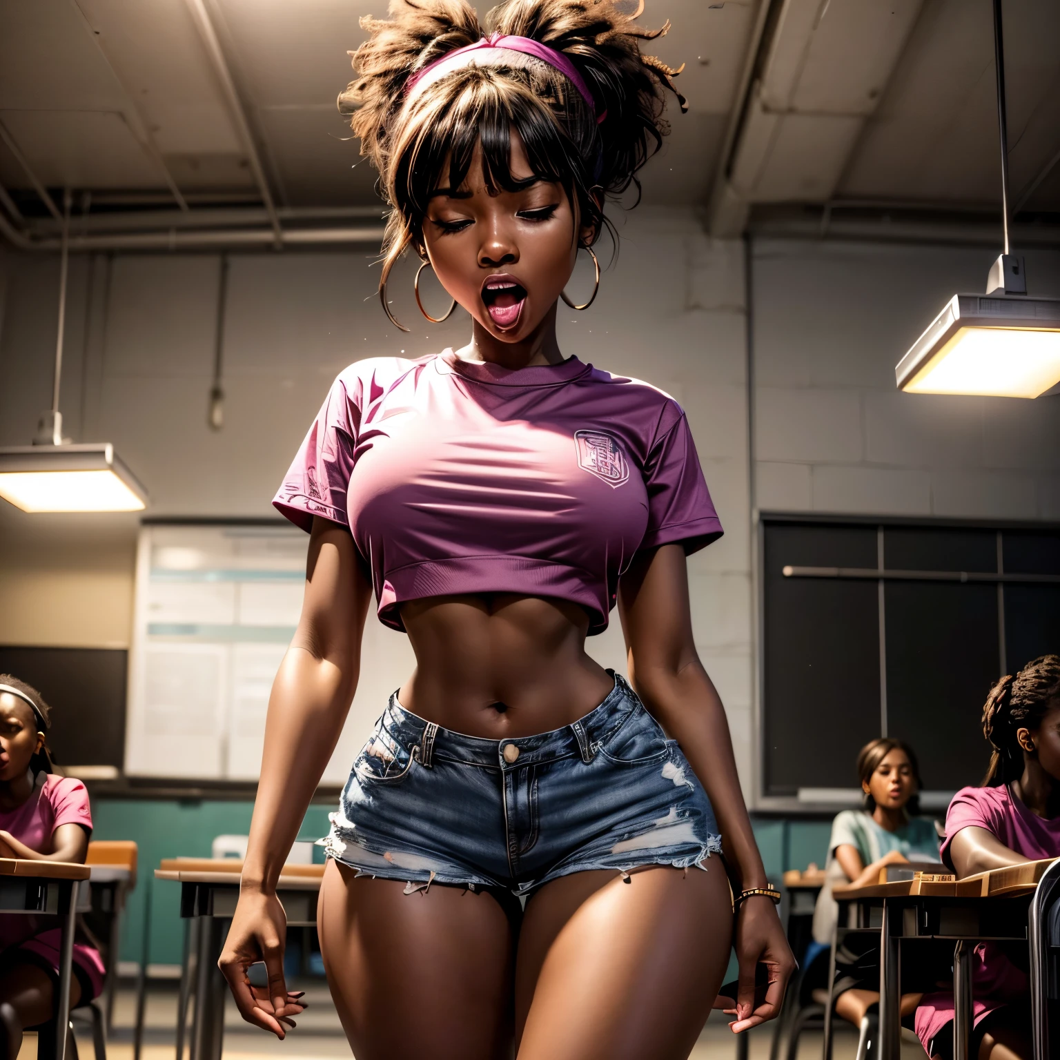 in laboratory, 1, high quality, ebony girl, high resolution, volumetric lighting, 8k, beautiful woman, (dark skin), college student, 's uniform, (big-ass), breasts big, (pink tub top shirt), (cotton shorts:1.2), Wavy hair, pony tail, bangs, headband, hoop earnings, class room, pose sexy, seductively pose, ((slim thick body:1.1), open mouth, big lips, screaming, night time, eyes closed, 