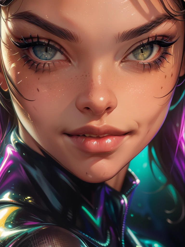 ((Close-up face)). Catwoman from DC Comics, Masterpiece, Best quality, Realistic, detailed, detailed face, intricate, vivid colors. abstracted, Psychedelic, neonlight, (honeycomb pattern), (Creative:1.3), Sy3, SMM, Fantasy00d