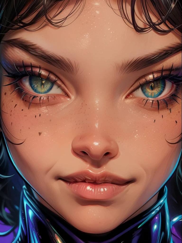 ((Close-up face)). Catwoman from DC Comics, Masterpiece, Best quality, Realistic, detailed, detailed face, intricate, vivid colors. abstracted, Psychedelic, neonlight, (honeycomb pattern), (Creative:1.3), Sy3, SMM, Fantasy00d