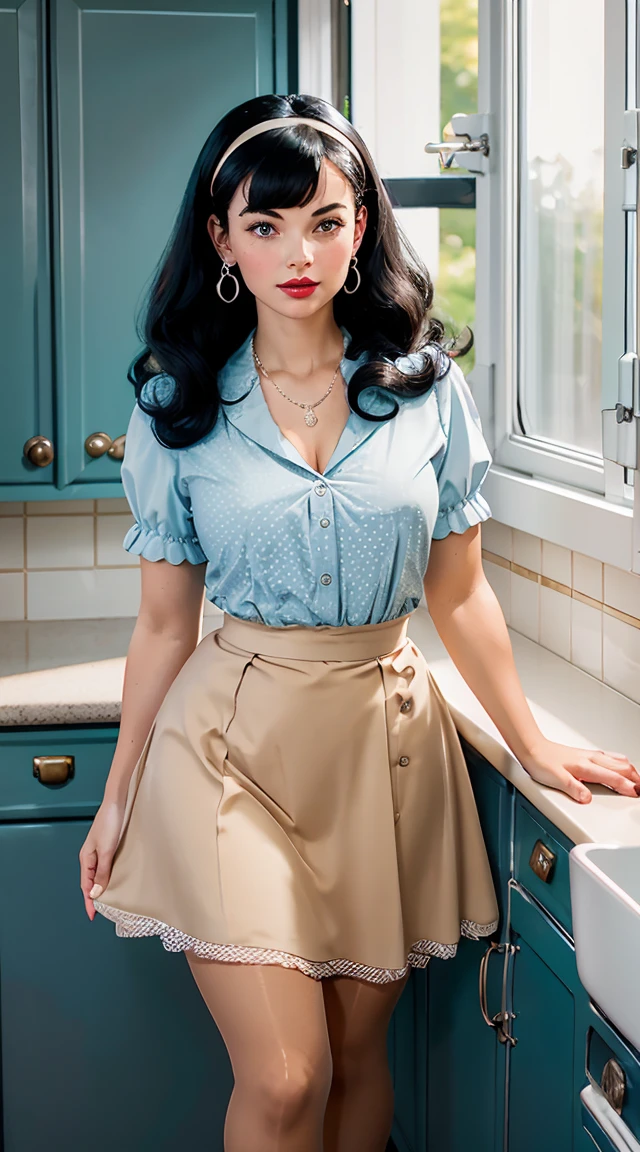 Bettie page, long wavy black hair with bangs. 1950s Suburbia \(style\) photo of 20 year old jp-katiaFinal-2600 ,long soft curls, bangs, light eyeliner, pink lips, stylish 50s vintage sky blue and white polka dot shirtdress with sash and ribbon, pearl necklace, tulle,small white lace gloves, tan single seam pantyhose, pantyhose cameltoe, no shoes, (((lift your dress to show your light tan flesh colored pantyhose))), hourglass figure, standing in the kitchen, a bright retro 50s kitchen with retro appliances, lifting her dress the flash her light tan pantyhose, Canon EOS 5D Mark IV, 50mm f/1.8, 1/100s, ISO 160, Fujifilm Provia 100F, shaved vagina, photorealistic