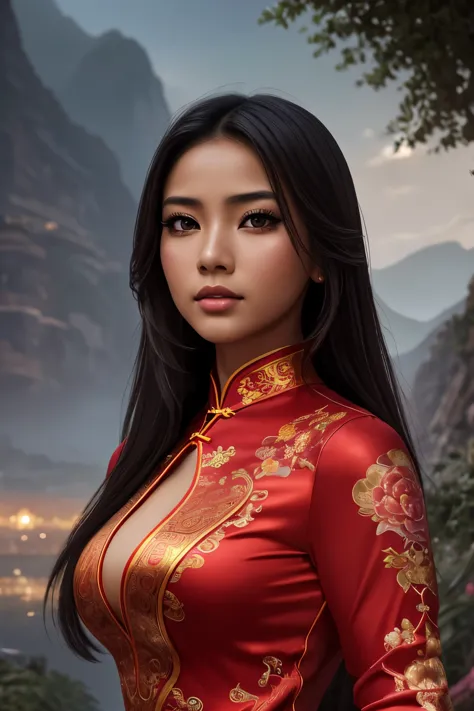 a sexy mexican young 20 year old woman wearing a very tight chinese cheongsam dress, beautiful detailed eyes, beautiful detailed...