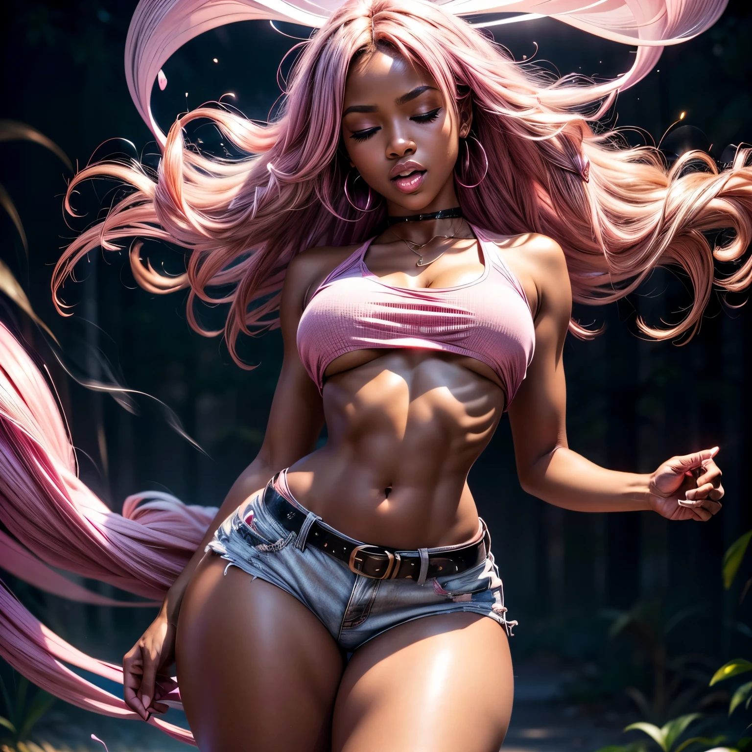 in pink hypnosis, (1), (dark skin), dark skin, wide shot, blond hair, orgasm, (white button down top, pink shorts with belt), (Masterpiece, Professional lighting, 16k, 8k wallpaper, raw photo, photorealistic:1.8, ultra detailed, natural lighting, detailed skin sexy pose, open mouth, big lips, night time, eyes closed, magical world, pink smoke, orgasm, screaming, thick thighs, ((slim thick body:1.2)), hypnosis