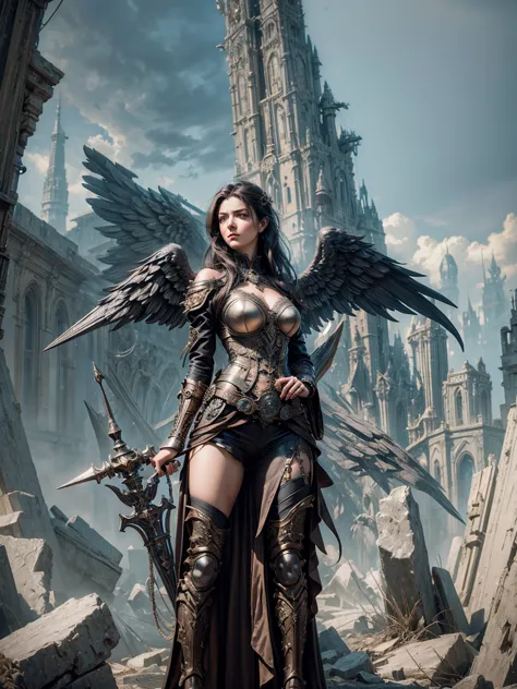 detailed portrait of a dark-haired woman, angel holding a rapier, stone wings, steampunk style, intricate mechanical details, dr...