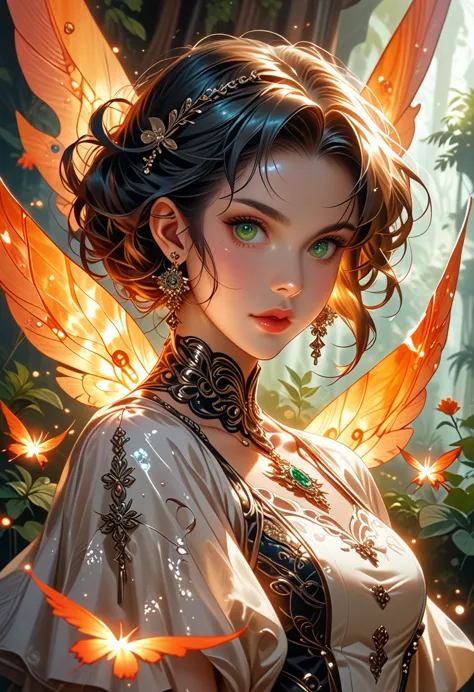 an unearthly female figure with graceful, luminescent wings, surrounded by glowing, magical creatures in the enchanted forest. s...