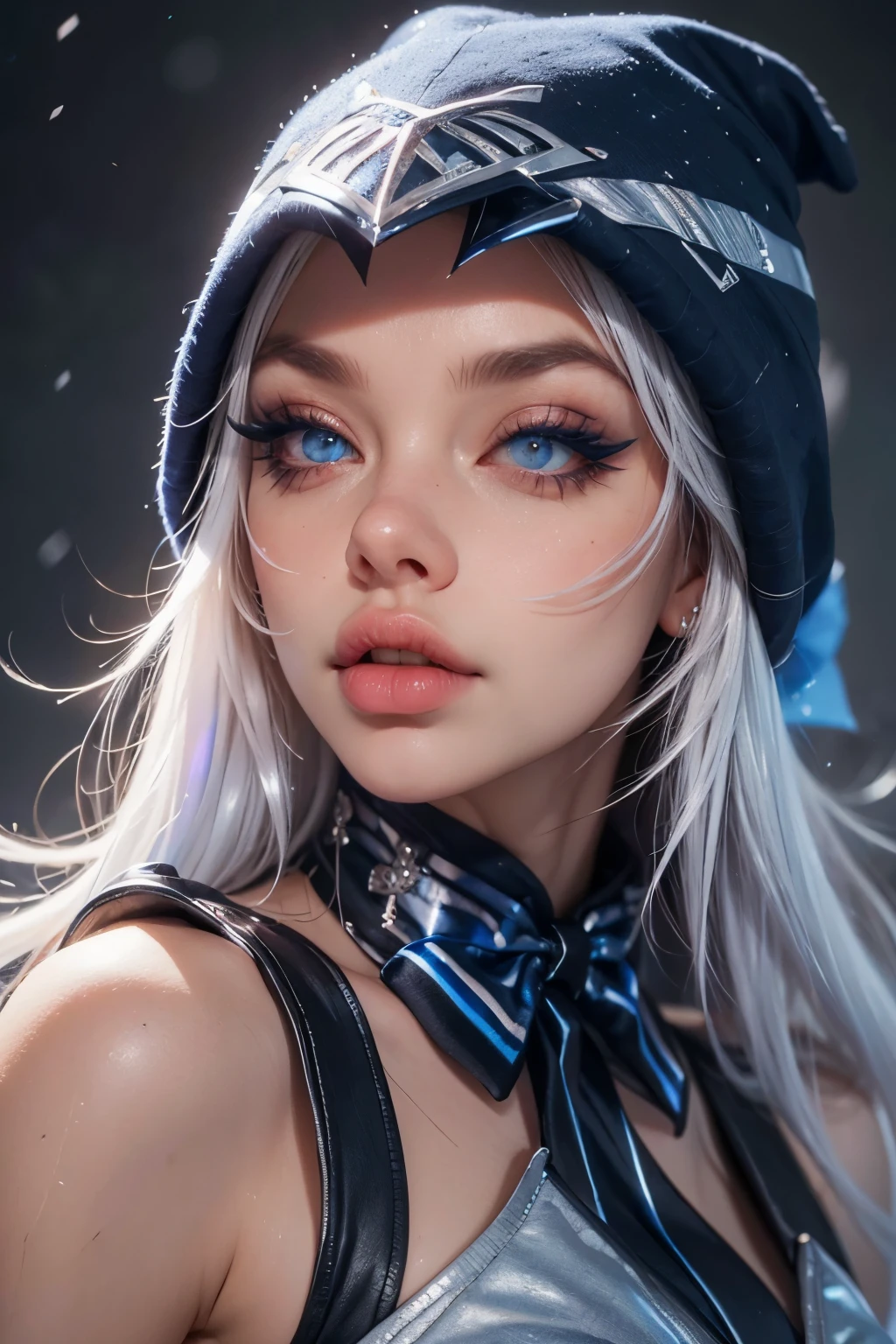 ashe \(league of legends\), (1girl), (solo), (Full body photo), (low angle shot), (masterpiece:1.0), (best quality:1.4), (ultra highres:1.2), (photorealistic:1.4), 8k resolution, absurdres, ultra detailed, sharp focus, (low light: 1.4), photorealistic, Beautiful face with symmetry, Gradient Eyes, Intense crystal light blue eyes, Intense highlighting of the eyes, Slightly bigger eyes, Double eyelids, lipgloss, Full lips, (Perfect Slim Body), (White hair), blue dress with hood, ((Holding a blue bow)), place with lots of snow and snowy mountains