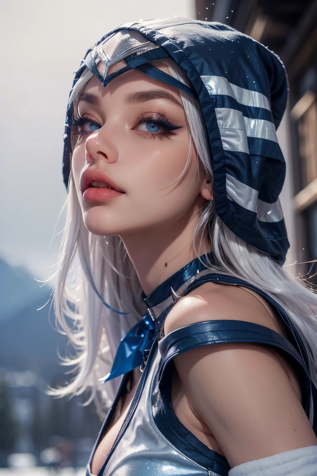 ashe \(league of legends\), (1girl), (solo), (Full body photo), (low angle shot), (masterpiece:1.0), (best quality:1.4), (ultra highres:1.2), (photorealistic:1.4), 8k resolution, absurdres, ultra detailed, sharp focus, (low light: 1.4), photorealistic, Beautiful face with symmetry, Gradient Eyes, Intense crystal light blue eyes, Intense highlighting of the eyes, Slightly bigger eyes, Double eyelids, lipgloss, Full lips, (Perfect Slim Body), (White hair), blue dress with hood, ((Holding a blue bow)), place with lots of snow and snowy mountains