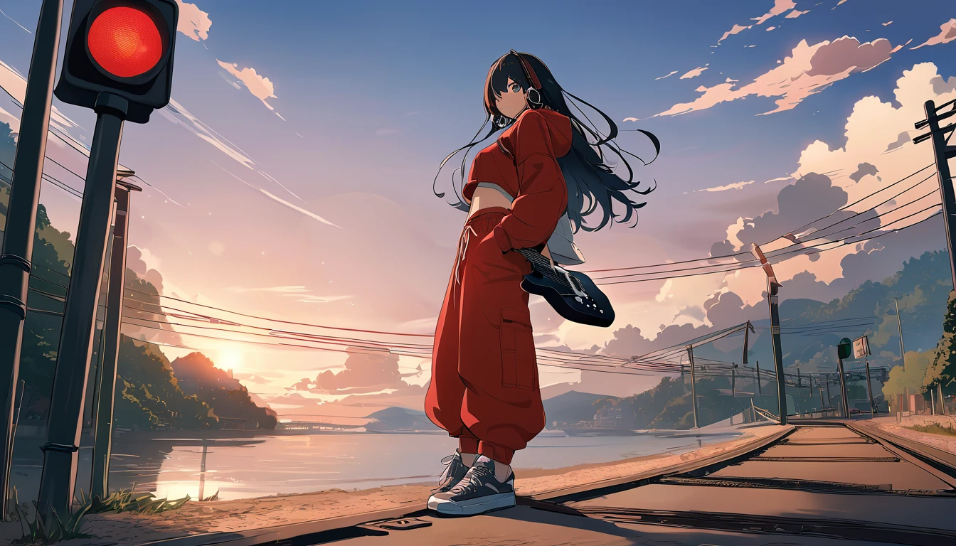 (best quality), ((masterpiece)), (highres), illustration, original, extremely detailed, 1girl, headphones, solo, Electric guitar Amplifile Guitar, sky background, midriff, pants, blue eyes, hair over one eye, simple background, shoes, black hair, long hair, hood, full body, red jacket, looking at viewer, hoodie, sneakers, hoop earrings, crop top, red pants, standing, jacket, baggy pants, there is a train crossing on the tracks near the ocean, traffic light, beautiful anime scene, ( ( makoto shinkai ) ), anime landscape, beautiful anime scenery, anime movie background, makoto shinkai. —h 2160, makoto shinkai cyril rolando, anime beautiful peace scene, anime background art, anime scenery, anime background, colorful anime movie background