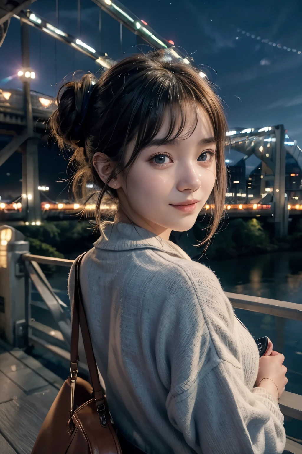 8k, RAW Photo, Best Quality, Masterpiece, Realistic, PhotoRealistic, Extremely Detailed 8k Wallpaper, Beautifully Detailed Eyes, Finely Detailed Face, 
 BREAK 
Professional Lighting, 
 BREAK 
(((s-bridge + building + city lights + cityscape + scenery + s-river + twilight + bluesky:1.7))), 
Perfectly Anatomically Correct:1.4, 
 BREAK 
1 Girl, 
Very Short Hair Bun:1.2, Symmetrical Clear Eyes:1.1, Captivating Eye Reflections:1.1, 
(Kawaii), [Japanese], Wide-Set Eyes, Big Eyes, tareme, (White Skinned), Embarrassed, Blush, 17-Year-Old, 
(Round Face, Round Chin:1.2), Wet Hair, Messy Hair, Open Mouse Slightly, [Pouted Cheek], 
Light Smiling, 
Random SHIMAMURA Trendy Clothes, 
Looking Back Viewer, 
 BREAK 
SFW:1.0, 
 BREAK 
Long Shot:1.2, Bokeh:1.6