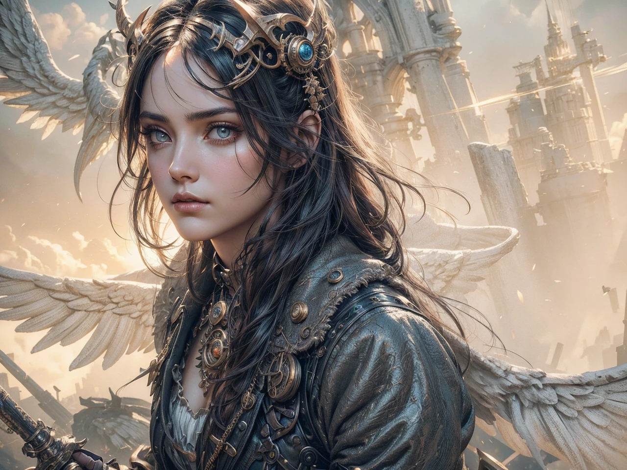 detailed portrait of a dark-haired woman, angel holding a rapier, stone wings, steampunk style, intricate mechanical details, dramatic lighting, muted color palette, cinematic composition, photorealistic, octane render, highly detailed, masterpiece