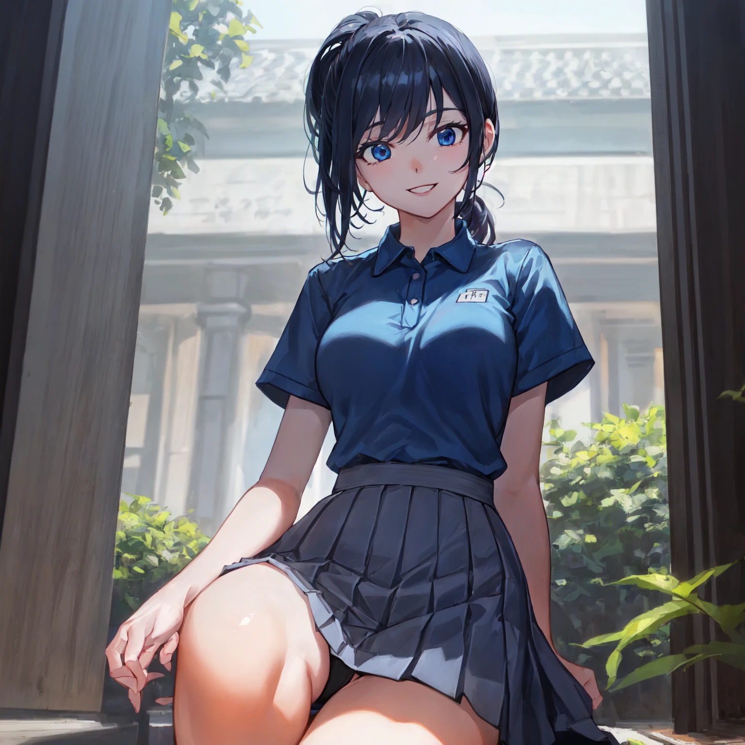 (pencil art:1.3),masterpiece, Highest quality,pastel color,courtyard, look away,sneakers,smile,polo shirt,(Masterpiece:1.5, Best Quality),blue polo shirt,light grey pleated skirt,Lower ponytail,Dutch Angle, {{black hair}} , (Depth of Field), Dynamic Posture,{{beautiful medium size breasts1:4}},{{beautiful blue eye1:4}},photorealistic 1;4, high quality panties, top quality, {{beautiful butt}}, cute girl, high quality background, BREAK, 5 fingers