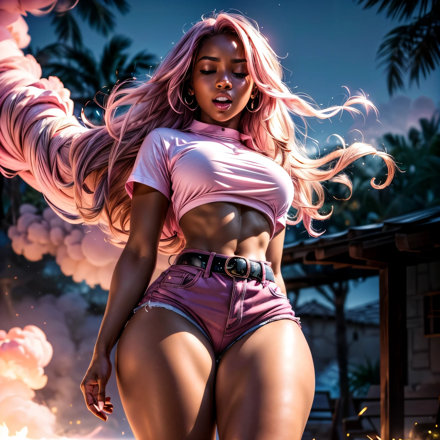 in pink hypnosis, (1), (dark skin), dark skin, wide shot, blond hair, orgasm, (white button down top, pink shorts with belt), (Masterpiece, Professional lighting, 16k, 8k wallpaper, raw photo, photorealistic:1.8, ultra detailed, natural lighting, detailed skin sexy pose, open mouth, big lips, night time, eyes closed, magical world, pink smoke, orgasm, screaming, thick thighs, ((slim thick body:1.2)), hypnosis