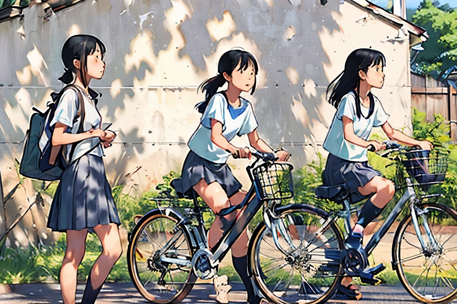 masterpiece, Highest quality,plural, Three Girls, (Playing with a bike)、Insect removal、Insect removal編み、Sandals, Black Hair, short hair、Long Hair, Hair ties, hair band, hair ornaments, Straw hat、Shorts, skirt、dappled daylight、Outdoor, nature, wood々、 Grassland、countryside、Suburban、