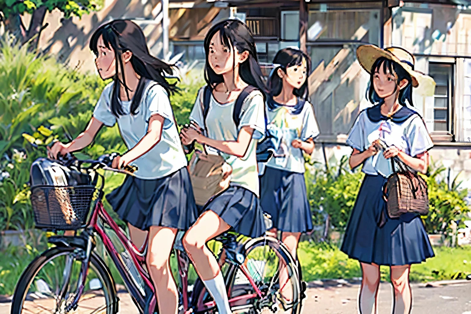 masterpiece, Highest quality,plural, Three Girls, (Playing with a bike)、Insect removal、Insect removal編み、Sandals, Black Hair, short hair、Long Hair, Hair ties, hair band, hair ornaments, Straw hat、Shorts, skirt、dappled daylight、Outdoor, nature, wood々、 Grassland、countryside、Suburban、