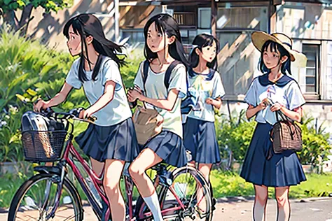 masterpiece, highest quality,plural, three girls, (playing with a bike)、insect removal、insect removal編み、sandals, black hair, sho...