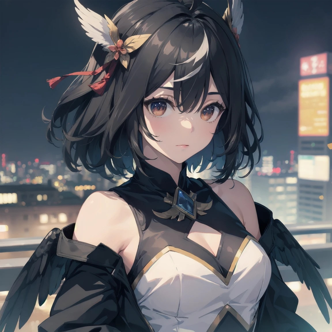 super masterpiece, Highest quality,Ultra HD，（（（（Pixiv style painting））））， （Cowboy Shot），（Full body view），（（One Girl））, （（（Crow-style plague mask equipped on the face））,（（Crow-inspired black battlesuit））,（（ Crow Style Shoulder Body Armor））, （,（（（long, shiny black hair））），（（Ahoge with a gray hair color different from the hair color））, （（（Long black elongated bangs run down the face）））,（Black horse ears），（Black horse tail），（（（Golden eyes without highlights））），(((Flat Chest)))，（（Realistic butterfly on shoulder and stomach々Tattoo）），（（（Realistic butterfly in the middle of chest plate々Tattoo））），（（（Exposed abdomen, Inguinal and thoracic））），（（（Modern city rooftop at night）））、see, animal ears, short hair, streaked hair, hair ornament, medium breasts, horse tail,