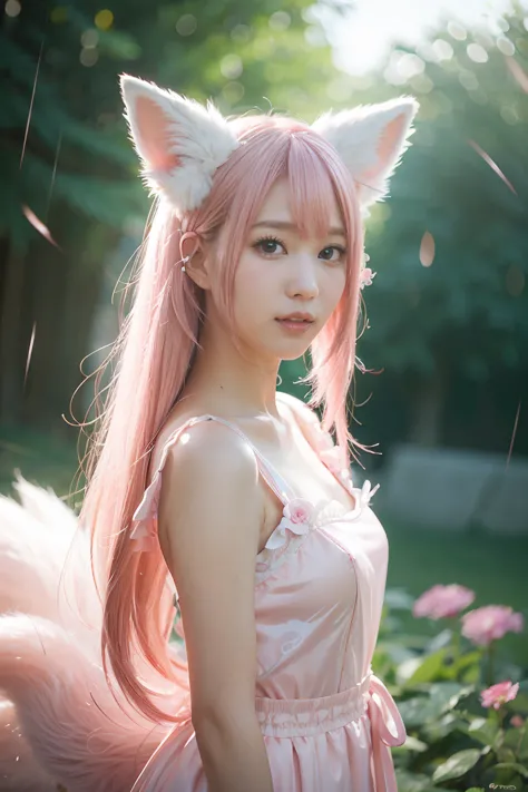 nine snow-white fox tails (1.0), milky fox tail (1.0), fox close-up of nine tails, nine-tails, nine-tails, anime girl with pink ...