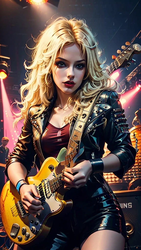 sexy blonde playing fender stratocaster,high-resolution photography,rock concert,blurred background,vibrant colors,dynamic lighting,detailed fingers,strumming guitar,expressive face,movement,stage performance,electric guitar solo,showmanship,loud music,energetic atmosphere,distortion effects,rock and roll vibe,leather jacket,cool sunglasses,confident,sexy stage presence,crowd cheering,spotlight,electric energy,