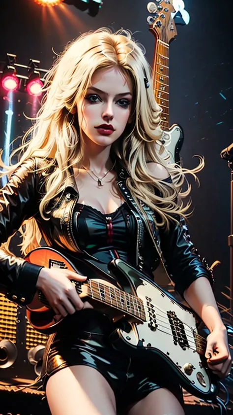 sexy blonde playing fender stratocaster,high-resolution photography,rock concert,blurred background,vibrant colors,dynamic light...