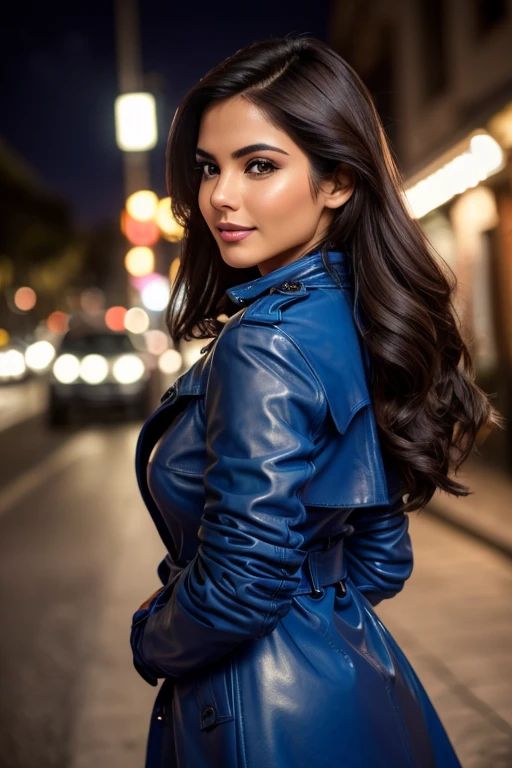 Best quality, realistic, from the front in first person, on the street, (a female mexican Supermodel), (A sexy blue leather trench coat:1.1), split, seductive smile, (dark hair), (hairstyle:1.0), Perfect eyes, sharp parts, detailed face, face-makeup, cheeks turn red, Eyeliner, eyeshadow, lip gloss, Supermodel, (Deep Focus), (hard lighting), (Night time), (realistic lighting:1.0)