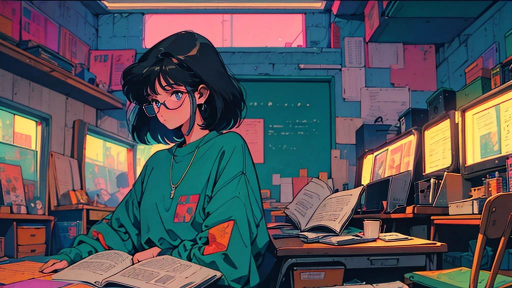 Side view， studying in the room, Reading a book, wears glasses , Night lights, Neon landscape on a rainy day,, Lo-fi hip-hop , retrospective, flat, 2.5D ,line drawn, Ink drawing, Large slope, Watercolor painting, Spray color, Studio Ghibli Style, Awesome colorful, Outer tons, synthetic wave, Lofi art,90s style,Old textures, amplitude,