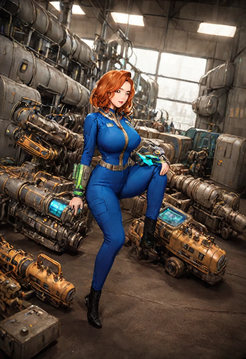 detailed illustration, dynamic angle, ultra-detailed, illustration, lots of women, wearing a Vault Suit, and a PipBoy on her wrist, machinery, industrial, inside, florescent lights, teens, milfs, medium breasts, large breasts, cleavage