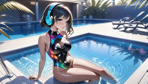 ((highest quality)), ((masterpiece)), ((detailed)), perfect face, perfect body, sitting in the pool, listen to music, wear headp...