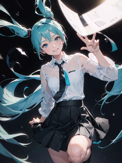 one person, alone, female chilis, masterpiece, beautiful haniss, hatsune miku, white shirt, (black skirt:1.3), blue tie, bare sh...