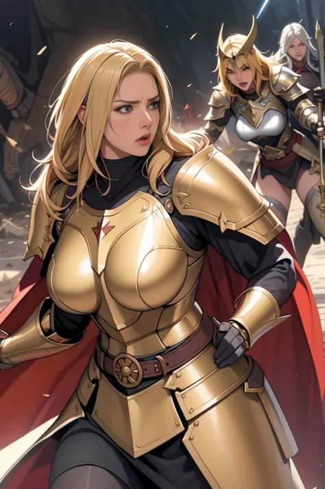 browsing caution,female paladin, beautiful face, blonde, big breasts, golden plate armor, broken armor、red cape with belt,torn c...