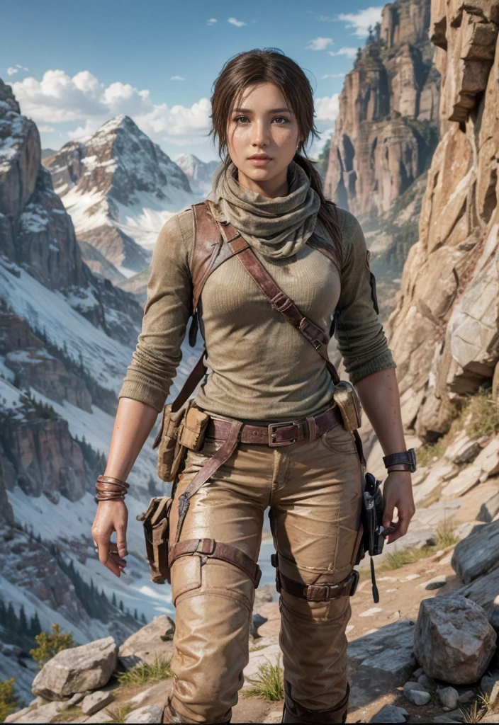 Lara Croft, eyes browns, (best quality, ultra details), (realisitic:1.37), beautiful and detailed face, ultra-realisitic texture, exquisite face, Delicate body, red lipgloss stick, shiny colors. High definition, 8k, serious expression.