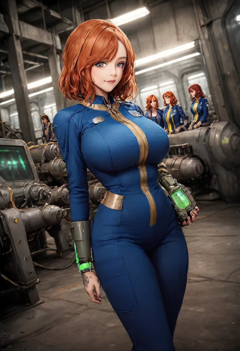 detailed illustration, dynamic angle, ultra-detailed, illustration, lots of women, 4girls, multiple girls, blonde, brunette, red head, long hair, short hair,  and a PipBoy on her wrist, machinery, industrial, inside, florescent lights, teens, milfs, medium breasts, large breasts, cleavage, wearing blue jump suits with yellow zippers