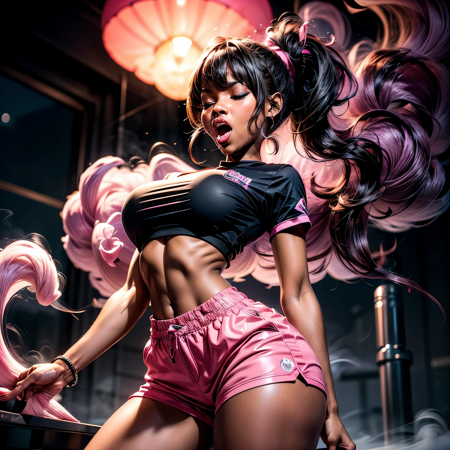 in laboratory, 1, high quality, ebony girl, high resolution, volumetric lighting, 8k, beautiful woman, (dark skin), college student, 's uniform, (big-ass), breasts big, (pink tub top shirt), (cotton shorts:1.2), Wavy hair, pony tail, bangs, headband, hoop earnings, pose sexy, seductively pose, ((slim thick body:1.1), open mouth, big lips, screaming, night time, eyes closed, pink smoke