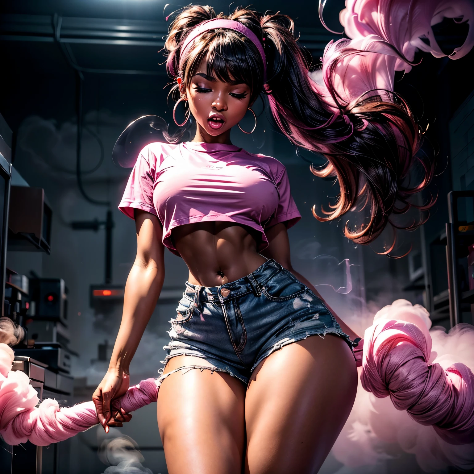 in laboratory, 1, high quality, ebony girl, high resolution, volumetric lighting, 8k, beautiful woman, (dark skin), college student, 's uniform, (big-ass), breasts big, (pink tub top shirt), (cotton shorts:1.2), Wavy hair, pony tail, bangs, headband, hoop earnings, pose sexy, seductively pose, ((slim thick body:1.1), open mouth, big lips, screaming, night time, eyes closed, pink smoke